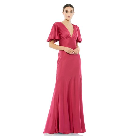 Ieena for Mac Duggal Flounce V-Neck Charmeuse Gown in Raspberry Size 2 - Picture 1 of 9